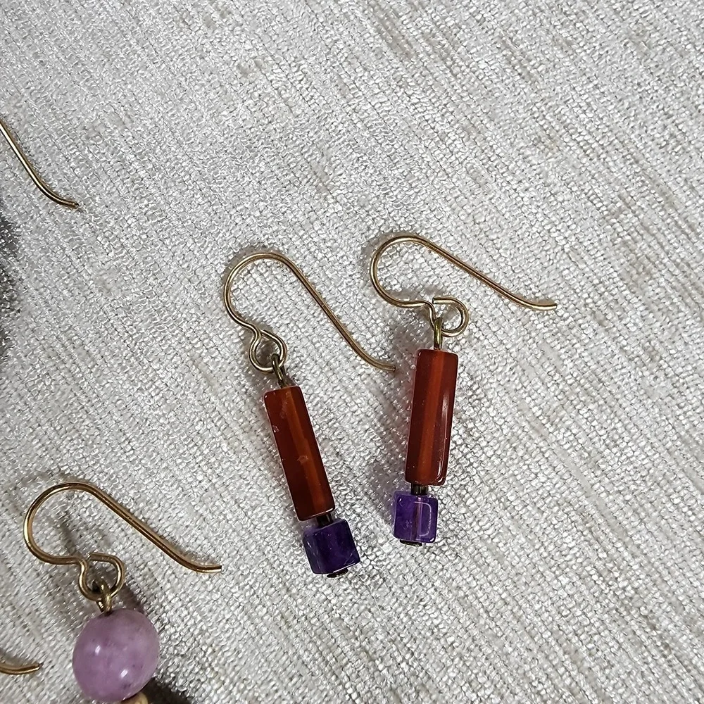 Earthy Natural Stone Dangle Earrings Gold Plate Hooks Garnet Tourmaline Lot of 5